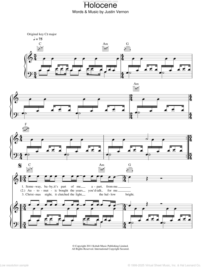 Holocene sheet music for voice, piano or guitar by Bon Iver and Justin Vernon, intermediate skill level