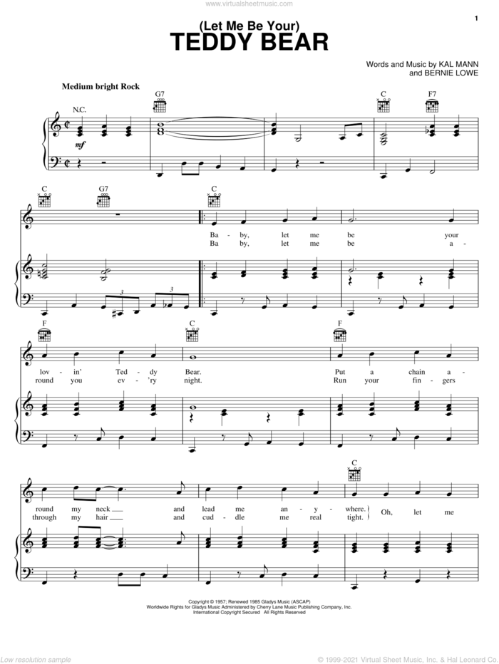 (Let Me Be Your) Teddy Bear sheet music for voice, piano or guitar by Elvis Presley, Bernie Lowe and Kal Mann, intermediate skill level
