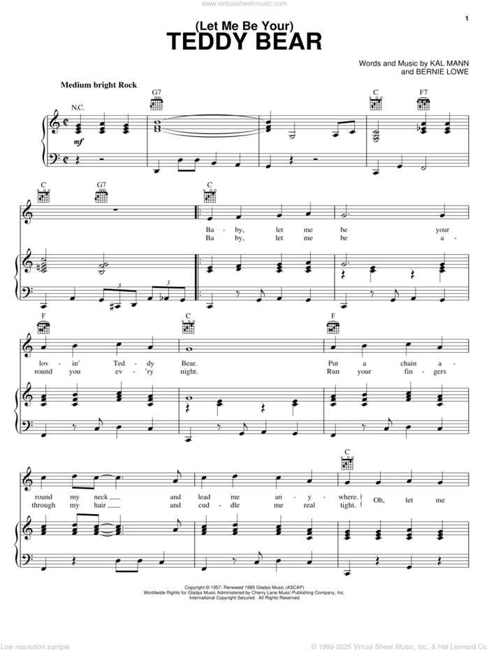 (Let Me Be Your) Teddy Bear sheet music for voice, piano or guitar by Elvis Presley, Bernie Lowe and Kal Mann, intermediate skill level