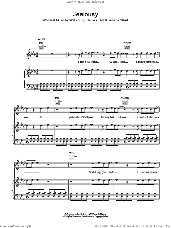 Jealousy sheet music for voice, piano or guitar by Will Young, James Eliot and Jemima Stilwell, intermediate skill level
