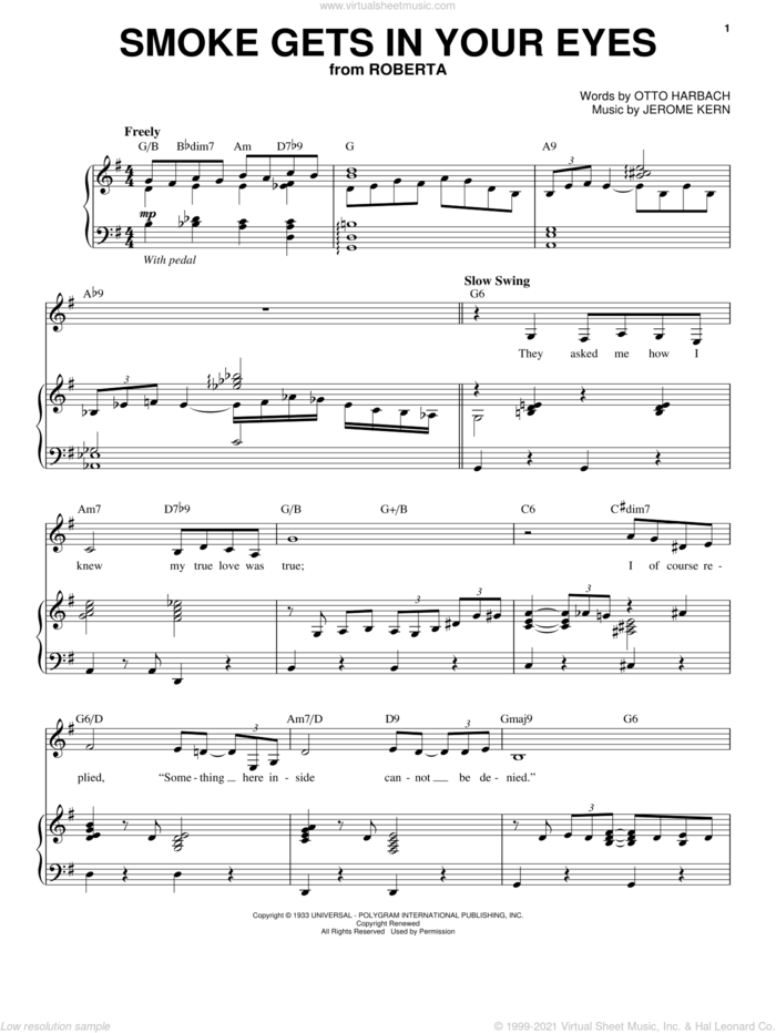 Smoke Gets In Your Eyes sheet music for voice and piano by Jeri Southern, Jerome Kern and Otto Harbach, intermediate skill level