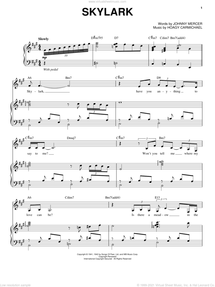 Skylark sheet music for voice and piano by Dinah Shore, Hoagy Carmichael and Johnny Mercer, intermediate skill level