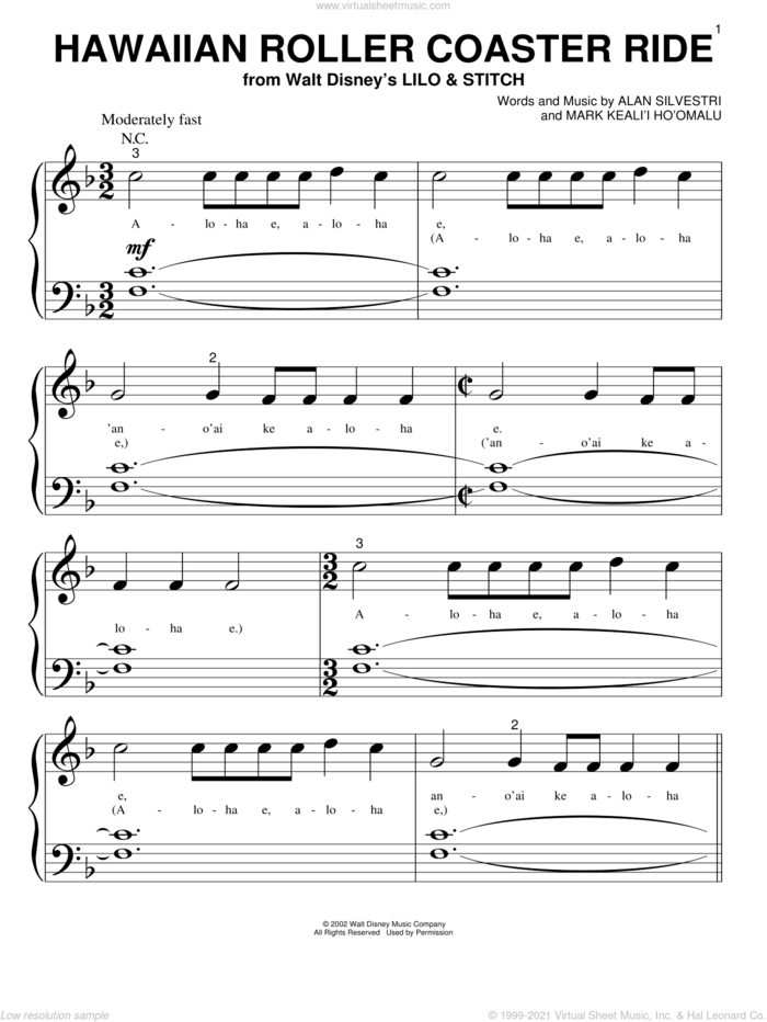 Hawaiian Roller Coaster Ride (from Lilo and Stitch) sheet music for piano solo (big note book) by Alan Silvestri and Lilo & Stitch (Movie), easy piano (big note book)