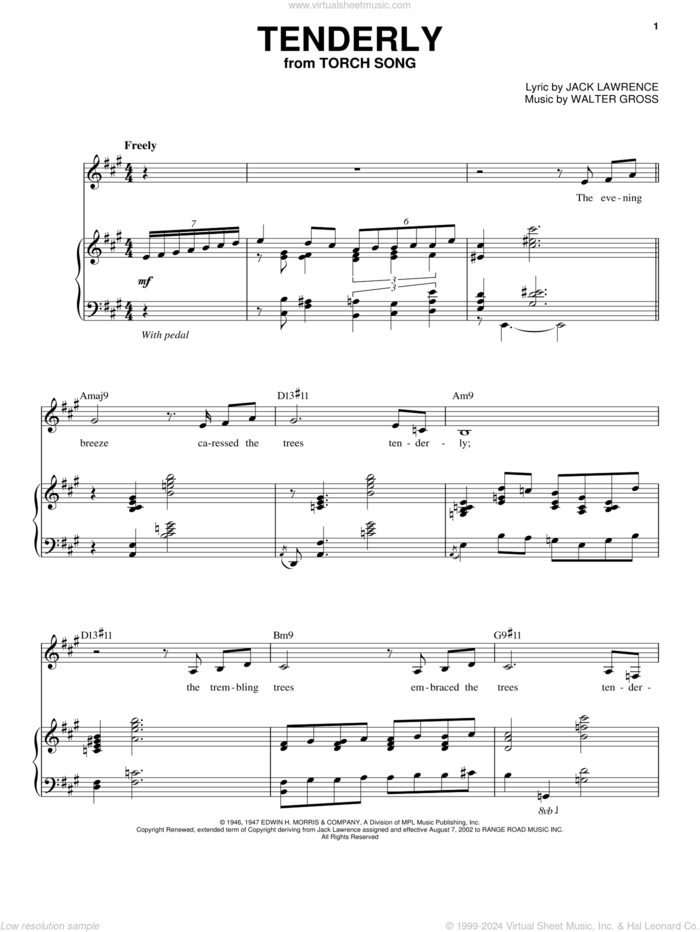 Tenderly sheet music for voice and piano by Anita O'Day, Jack Lawrence and Walter Gross, intermediate skill level