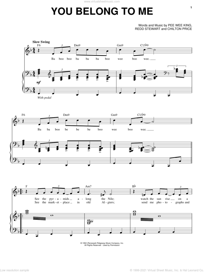 You Belong To Me sheet music for voice and piano by Jo Stafford, Chilton Price, Pee Wee King and Redd Stewart, intermediate skill level