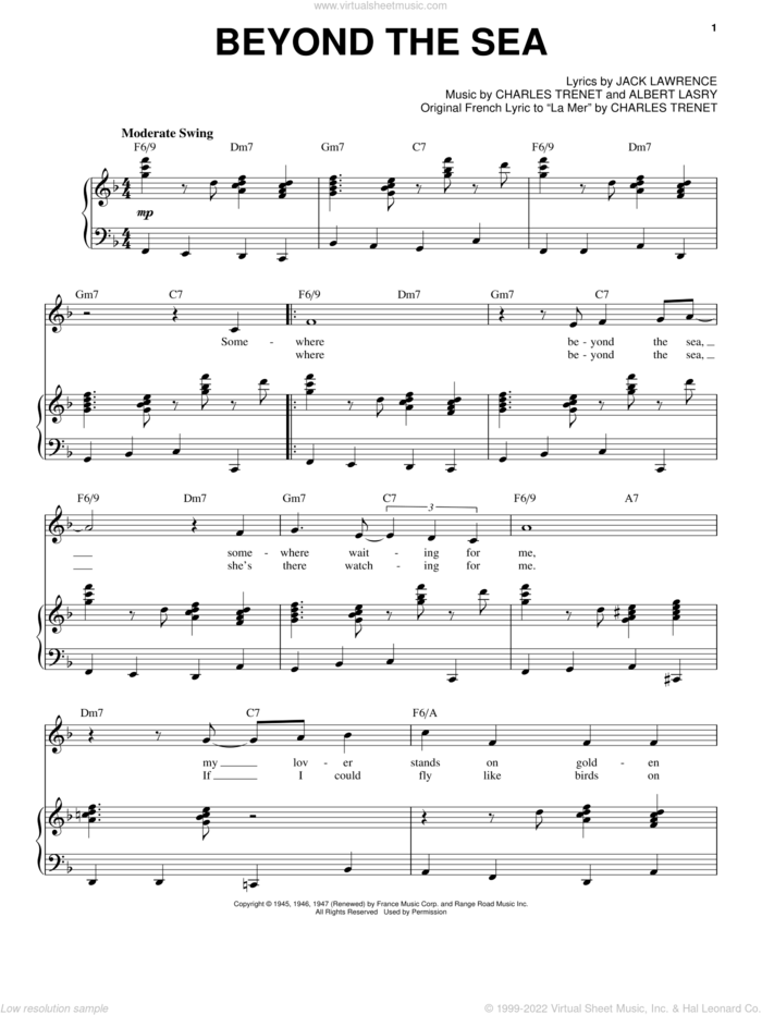 Beyond The Sea sheet music for voice and piano by Bobby Darin, Albert Lasry, Charles Trenet and Jack Lawrence, intermediate skill level