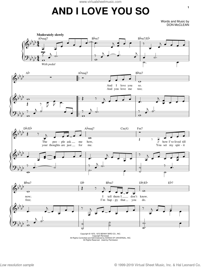 And I Love You So sheet music for voice and piano by Perry Como and Don McLean, wedding score, intermediate skill level