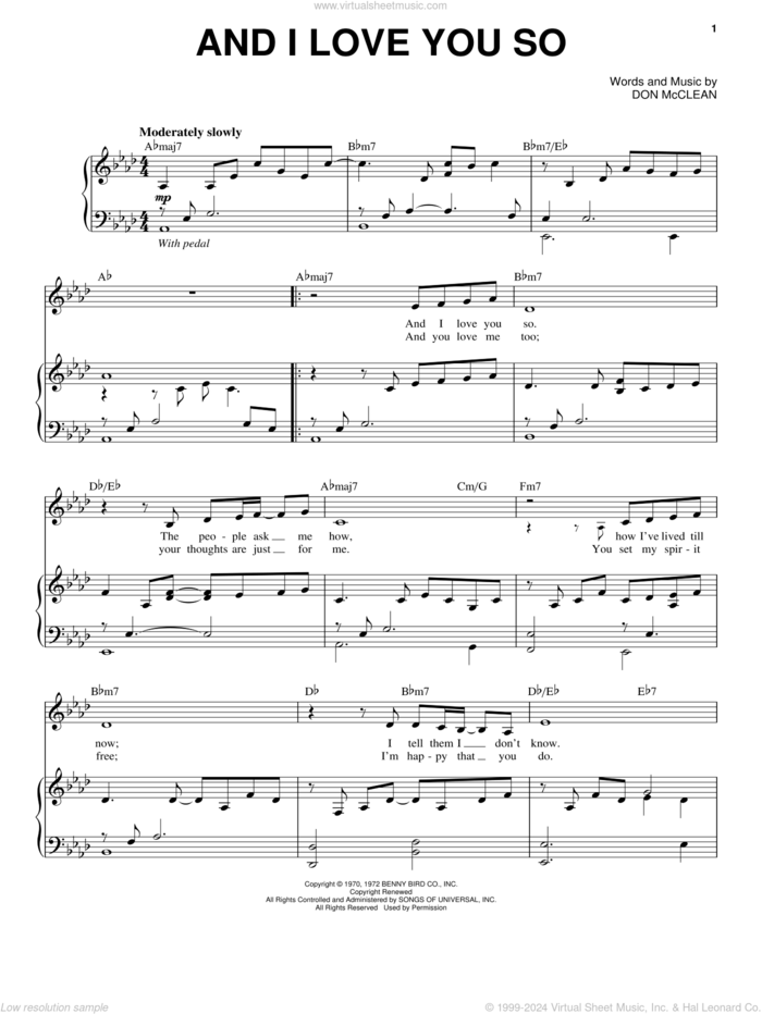 And I Love You So sheet music for voice and piano by Perry Como and Don McLean, wedding score, intermediate skill level