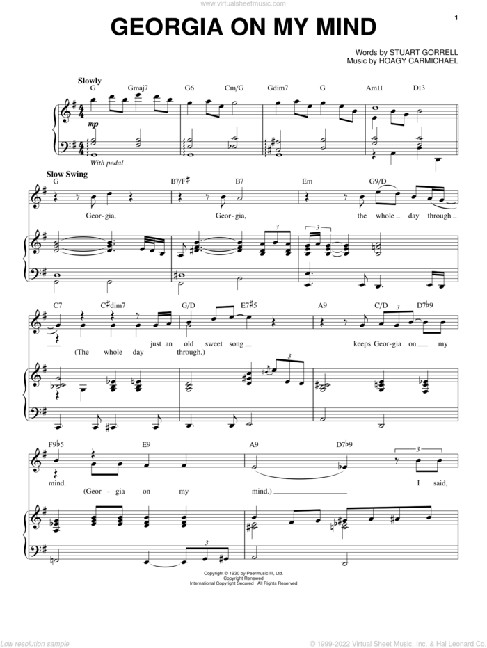 Georgia On My Mind sheet music for voice and piano by Ray Charles, Hoagy Carmichael and Stuart Gorrell, intermediate skill level
