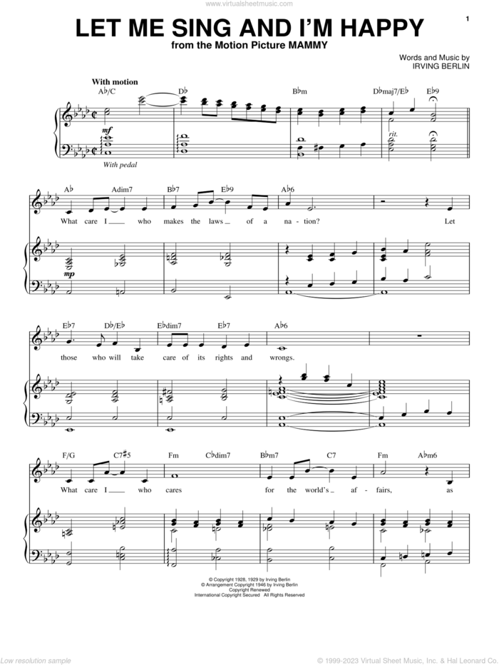 Let Me Sing And I'm Happy sheet music for voice and piano by Irving Berlin and Al Jolson, intermediate skill level