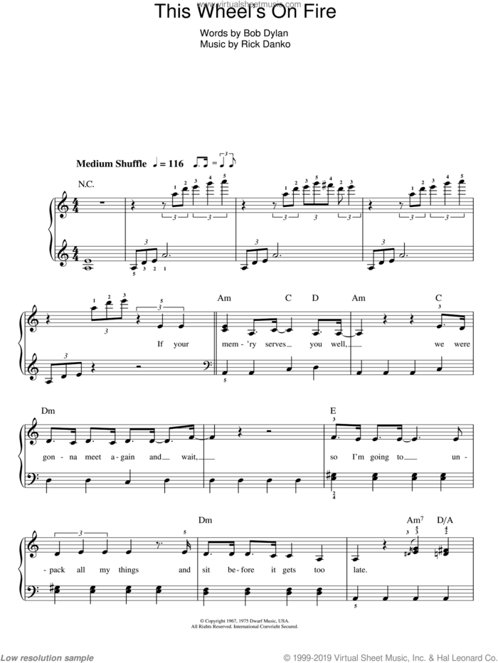 This Wheel's On Fire sheet music for piano solo by Bob Dylan and Rick Danko, easy skill level