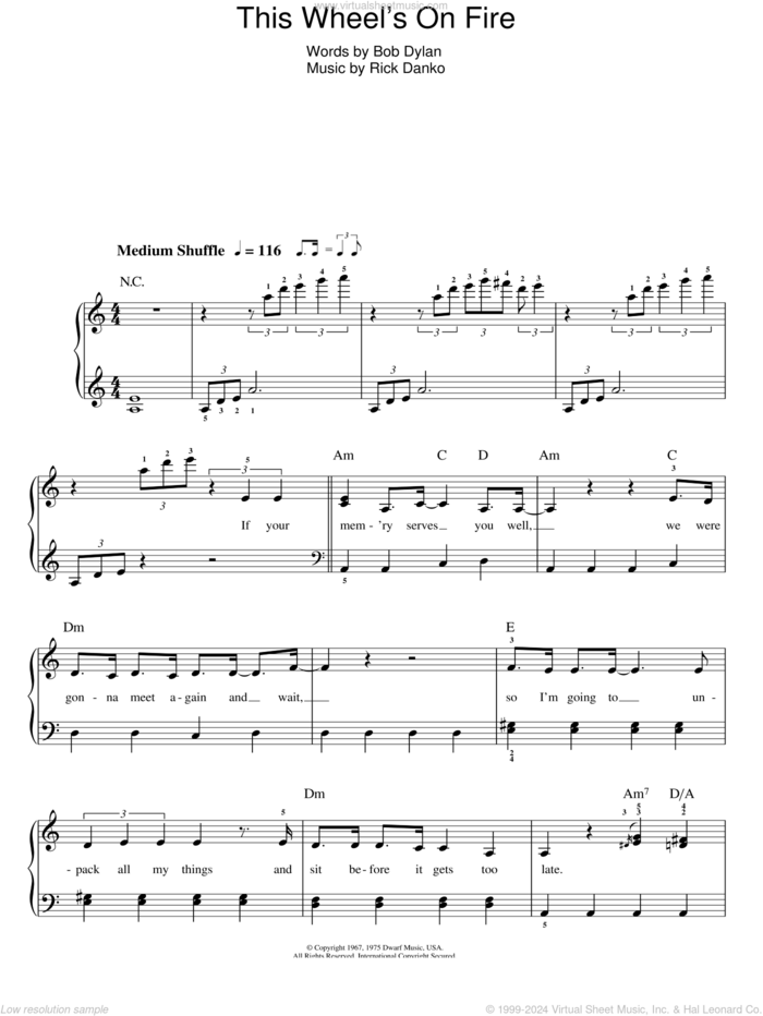 This Wheel's On Fire sheet music for piano solo by Bob Dylan and Rick Danko, easy skill level