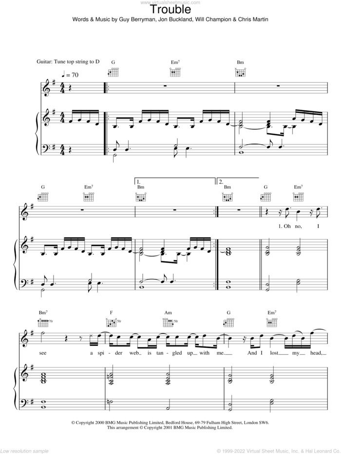 Trouble sheet music for voice and piano by Coldplay, Chris Martin, Guy Berryman, Jon Buckland and Will Champion, intermediate skill level