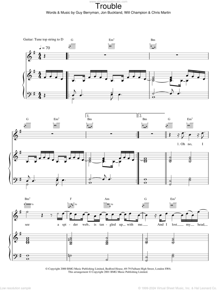 Trouble sheet music for voice and piano by Coldplay, Chris Martin, Guy Berryman, Jon Buckland and Will Champion, intermediate skill level