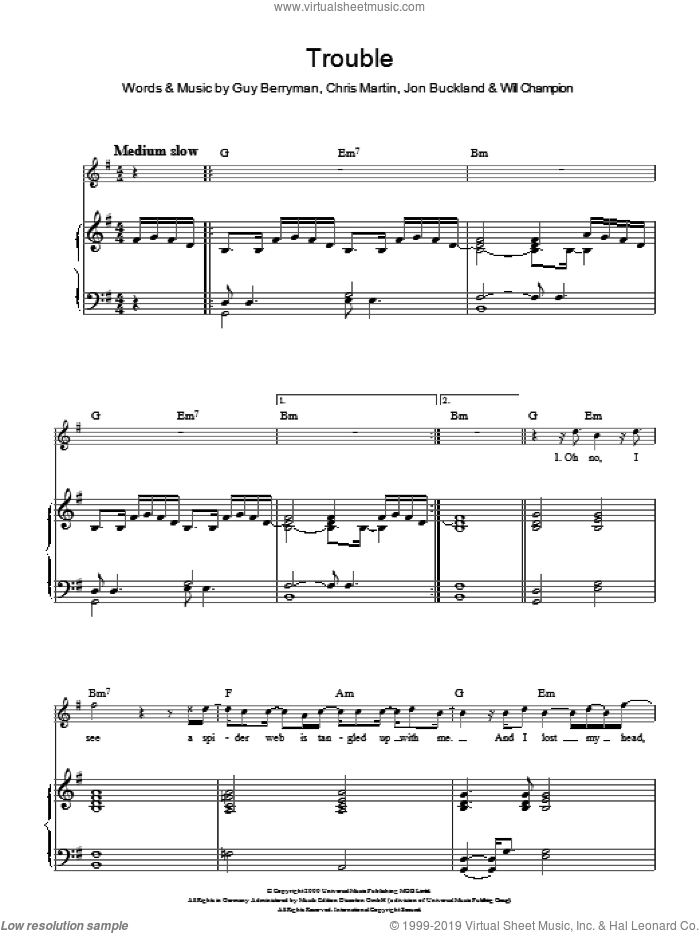Trouble sheet music for voice, piano or guitar by Coldplay, Chris Martin, Guy Berryman, Jon Buckland and Will Champion, intermediate skill level