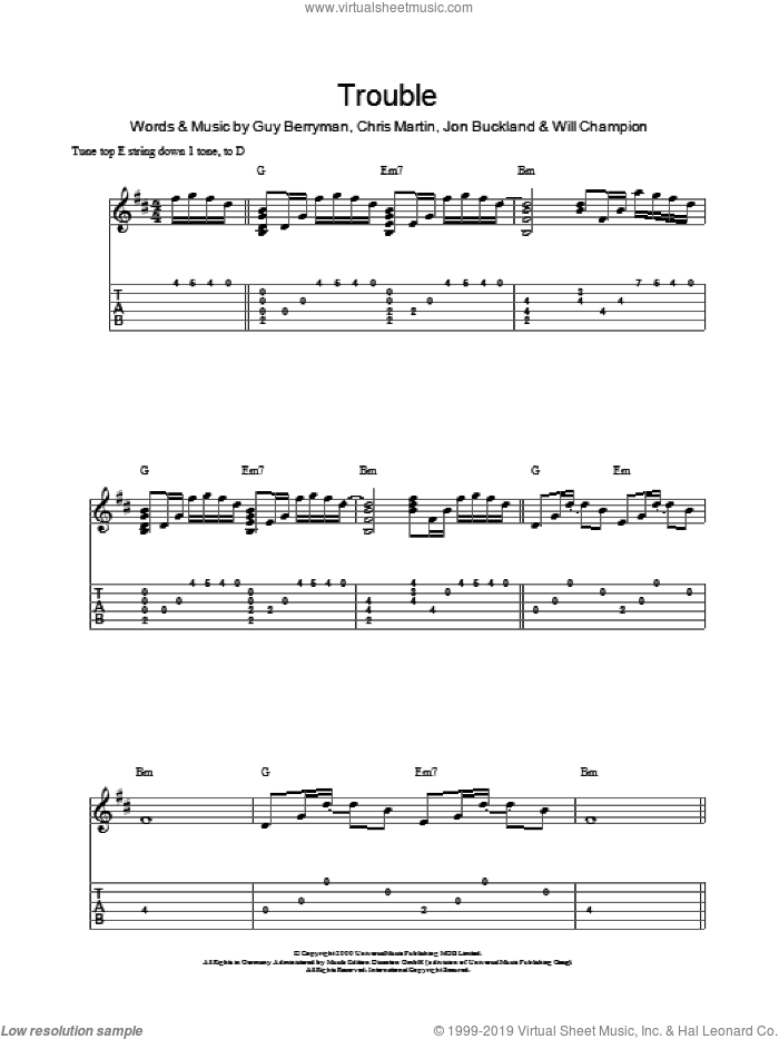 Trouble sheet music for guitar (tablature) by Coldplay, Chris Martin, Guy Berryman, Jon Buckland and Will Champion, intermediate skill level