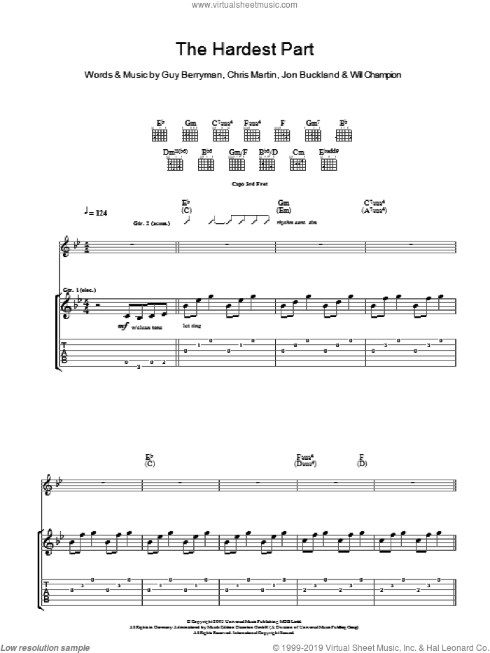 The Hardest Part sheet music for guitar (tablature) by Coldplay, Chris Martin, Guy Berryman, Jon Buckland and Will Champion, intermediate skill level