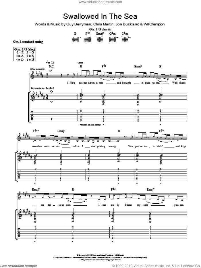 Swallowed In The Sea sheet music for guitar (tablature) by Coldplay, Chris Martin, Guy Berryman, Jon Buckland and Will Champion, intermediate skill level