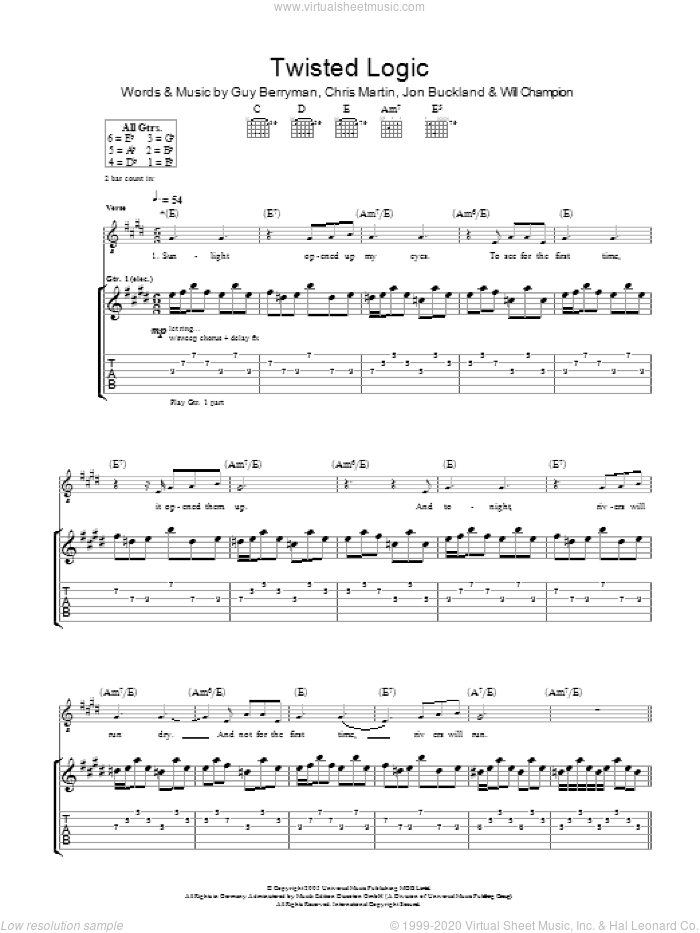 Twisted Logic sheet music for guitar (tablature) by Coldplay, Chris Martin, Guy Berryman, Jon Buckland and Will Champion, intermediate skill level