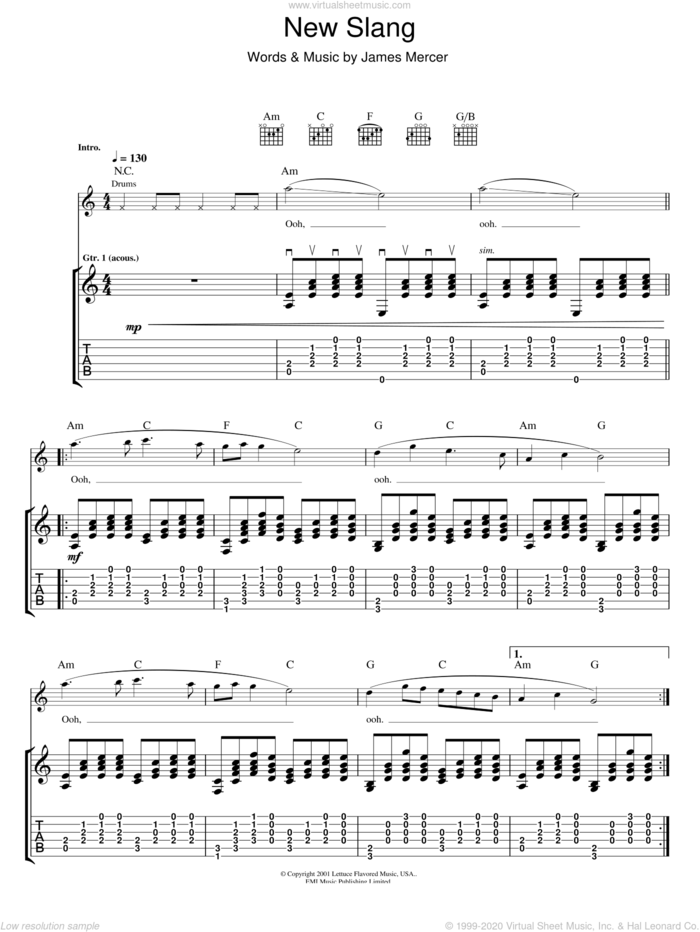 New Slang sheet music for guitar (tablature) by The Shins and James Mercer, intermediate skill level
