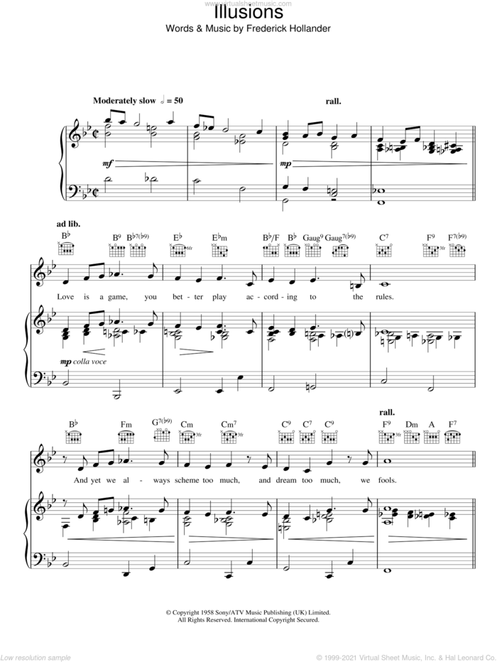 Illusions sheet music for voice, piano or guitar by Marlene Dietrich and Frederick Hollander, intermediate skill level