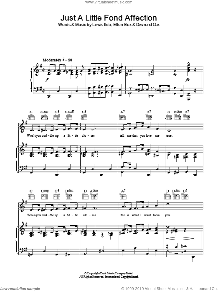 Just A Little Fond Affection sheet music for voice, piano or guitar by Elizabeth Batey, Desmond Cox, Elton Box and Lewis Ilda, intermediate skill level