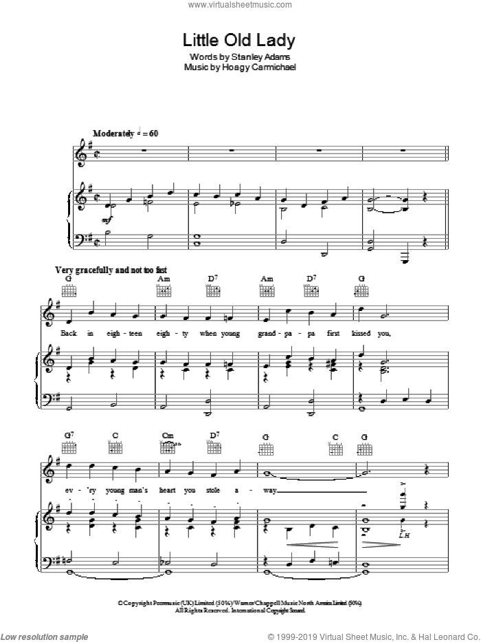 Little Old Lady sheet music for voice, piano or guitar by Hoagy Carmichael and Stanley Adams, intermediate skill level