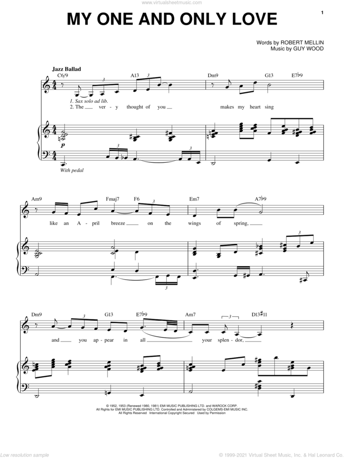 My One And Only Love sheet music for voice and piano by Johnny Hartman, Guy Wood and Robert Mellin, intermediate skill level