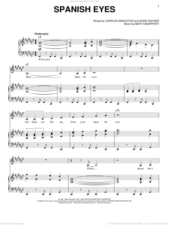 Spanish Eyes sheet music for voice and piano by Al Martino, Engelbert Humperdinck, Bert Kaempfert, Charles Singleton and Eddie Snyder, intermediate skill level