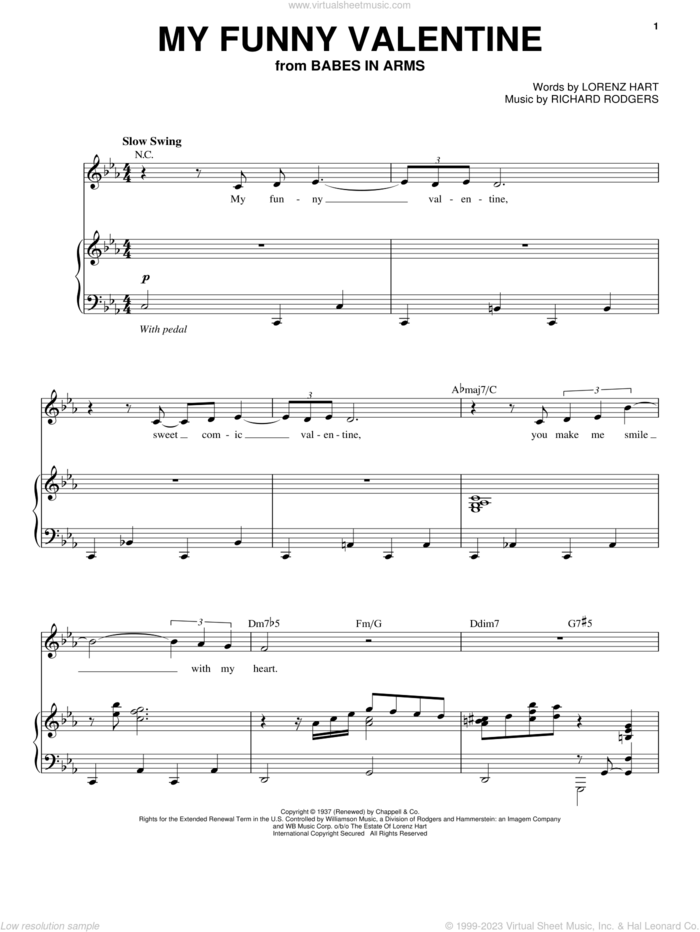 My Funny Valentine sheet music for voice and piano by Chet Baker, Lorenz Hart and Richard Rodgers, intermediate skill level