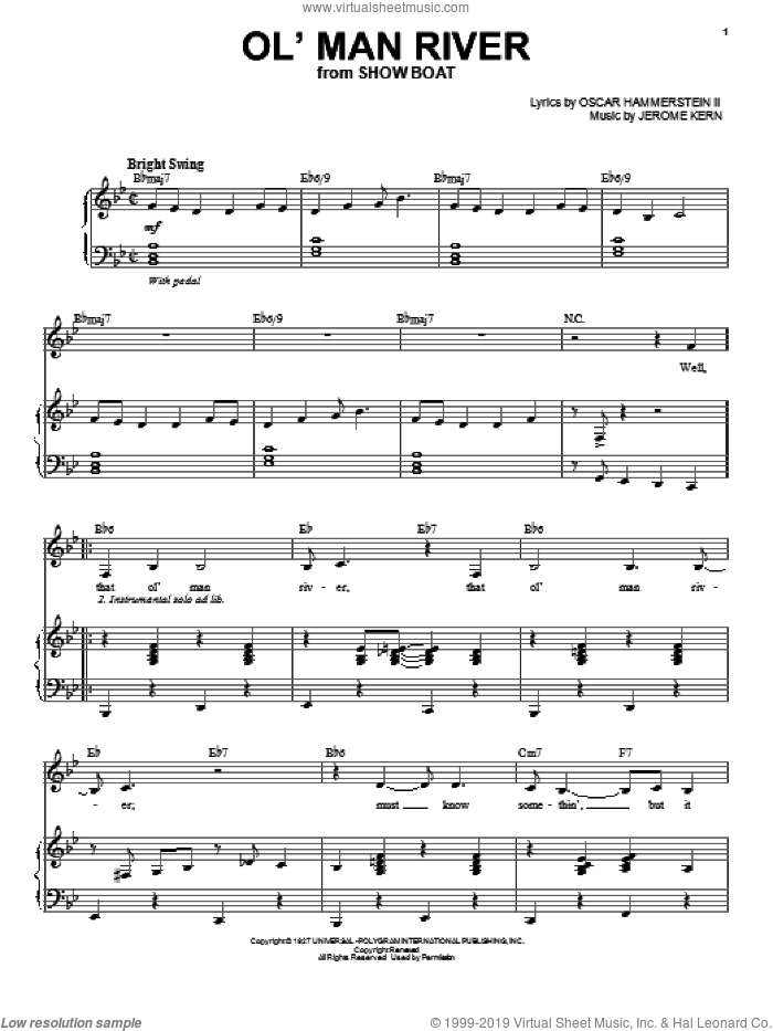 Ol' Man River sheet music for voice and piano by Bing Crosby, Show Boat (Musical), Jerome Kern and Oscar II Hammerstein, intermediate skill level