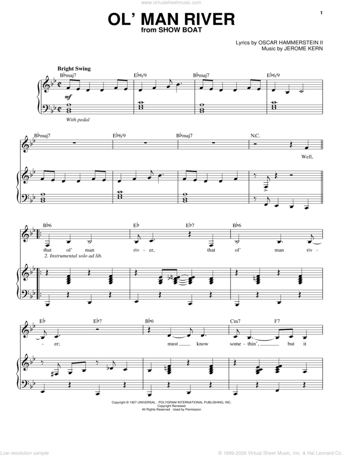 Ol' Man River sheet music for voice and piano by Bing Crosby, Show Boat (Musical), Jerome Kern and Oscar II Hammerstein, intermediate skill level