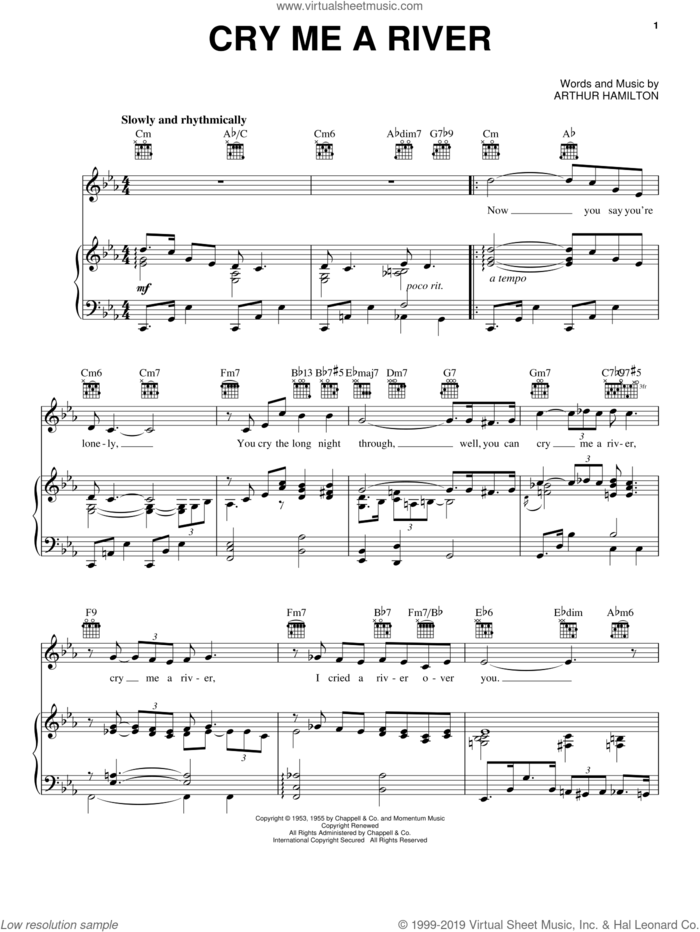 Cry Me A River sheet music for voice, piano or guitar by Diana Krall, Ella Fitzgerald, Julie London and Arthur Hamilton, intermediate skill level