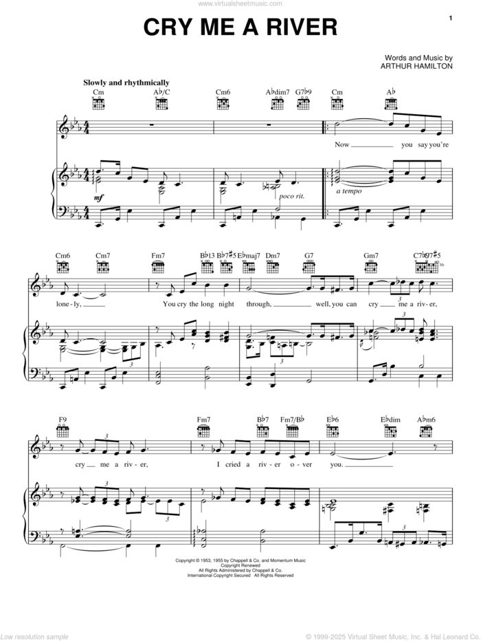 Cry Me A River sheet music for voice, piano or guitar by Diana Krall, Ella Fitzgerald, Julie London and Arthur Hamilton, intermediate skill level