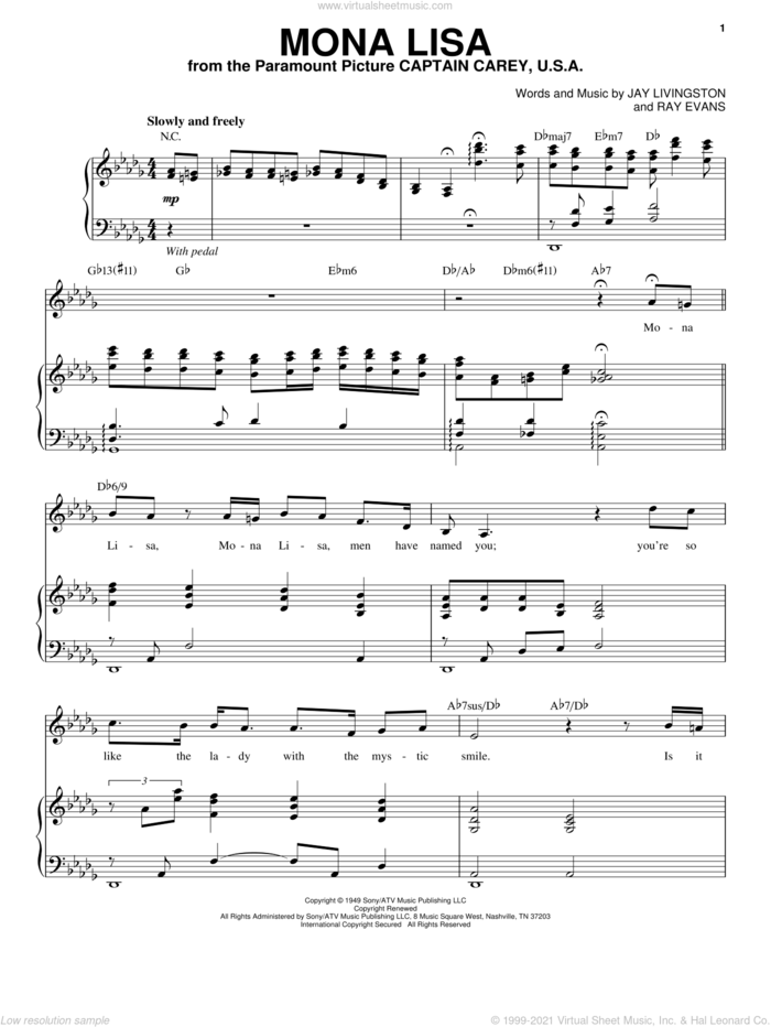 Mona Lisa sheet music for voice and piano by Nat King Cole, Jay Livingston and Ray Evans, intermediate skill level