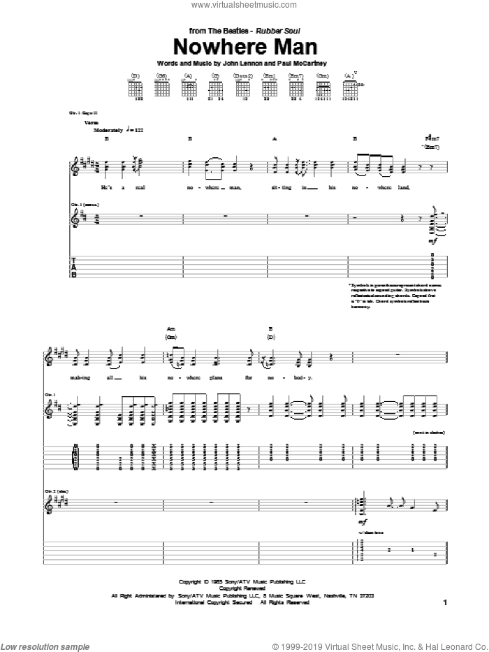 Nowhere Man sheet music for guitar (tablature) by The Beatles, John Lennon and Paul McCartney, intermediate skill level