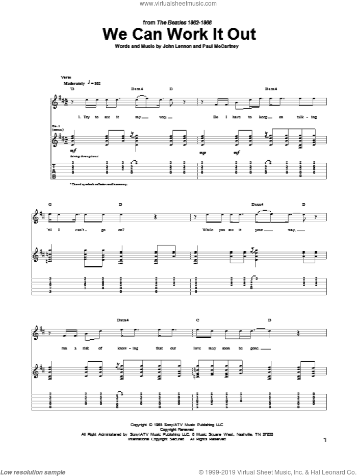 We Can Work It Out sheet music for guitar (tablature) by The Beatles, John Lennon and Paul McCartney, intermediate skill level