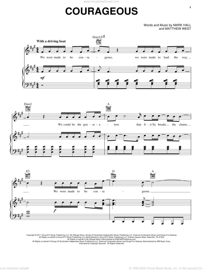 Courageous sheet music for voice, piano or guitar by Casting Crowns, Mark Hall and Matthew West, intermediate skill level