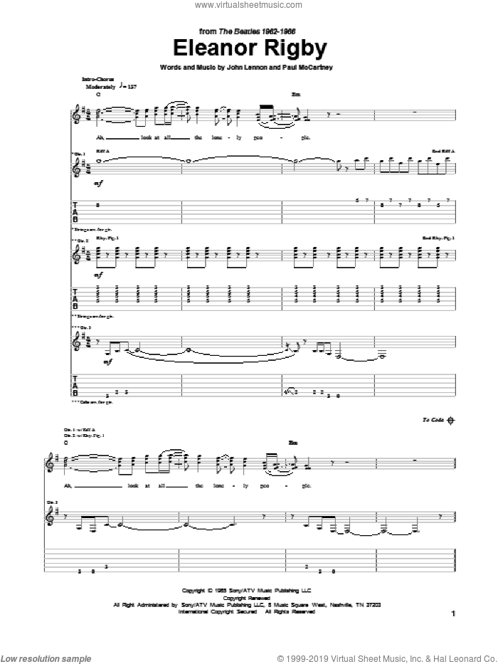 Eleanor Rigby sheet music for guitar (tablature) by The Beatles, John Lennon and Paul McCartney, intermediate skill level
