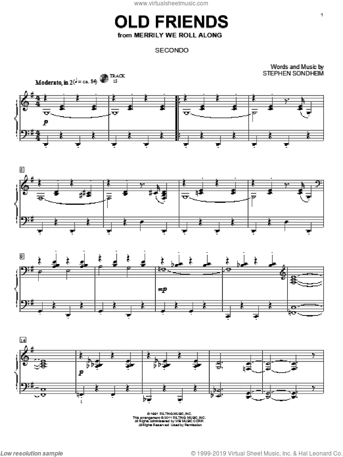 Old Friends sheet music for piano four hands by Stephen Sondheim, intermediate skill level