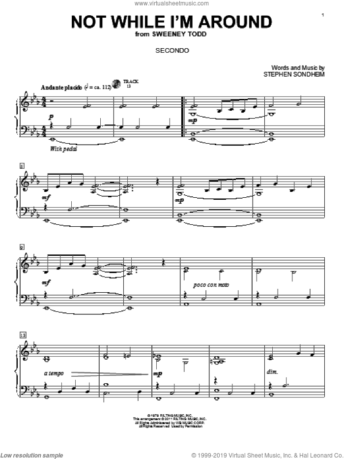 Not While I'm Around sheet music for piano four hands by Stephen Sondheim and Sweeney Todd (Musical), intermediate skill level