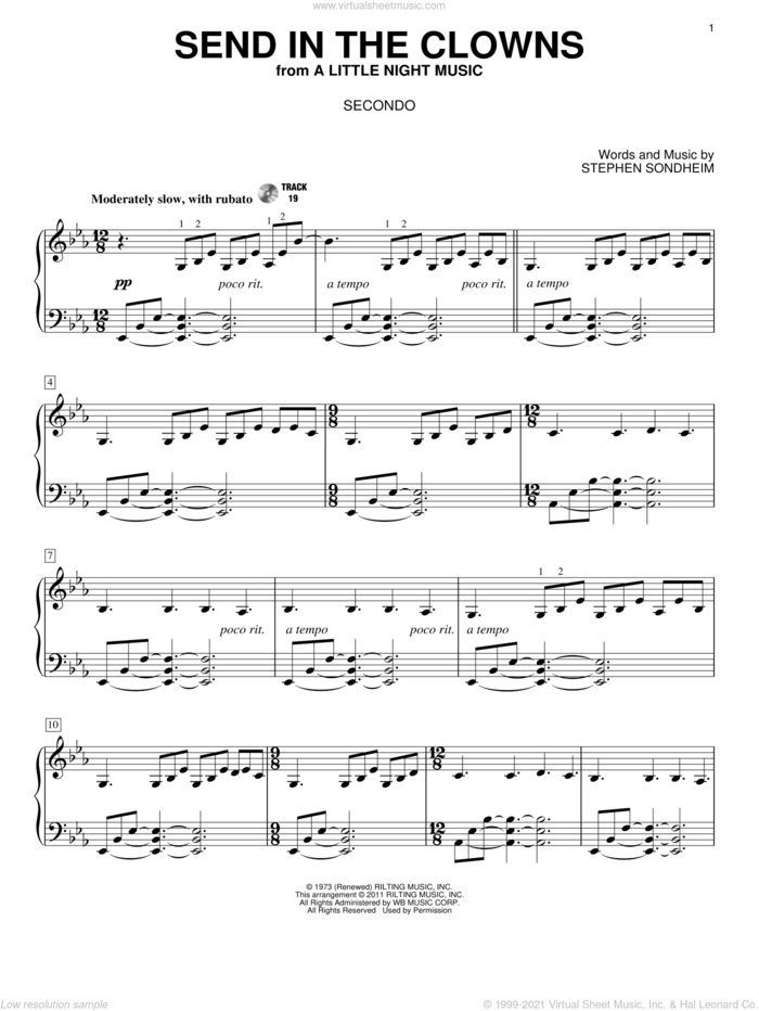 Send In The Clowns sheet music for piano four hands by Stephen Sondheim and A Little Night Music (Musical), intermediate skill level