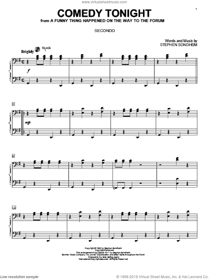 Comedy Tonight sheet music for piano four hands by Stephen Sondheim, intermediate skill level