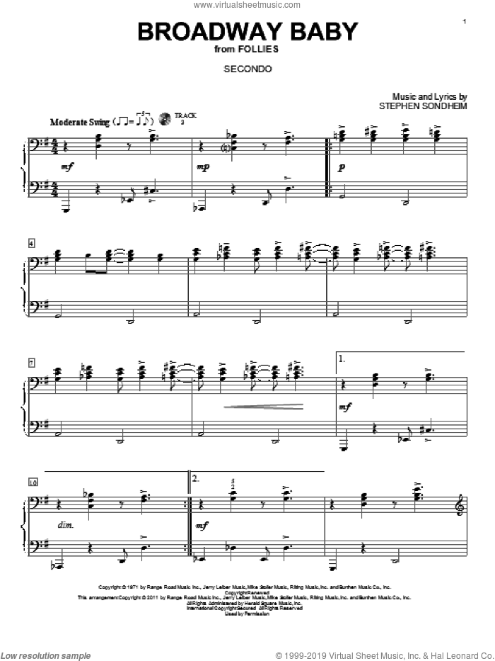 Broadway Baby sheet music for piano four hands by Stephen Sondheim and Follies (Musical), intermediate skill level