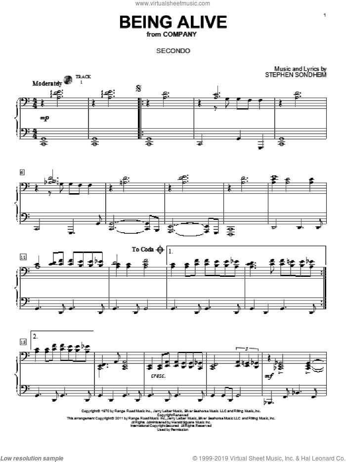 Being Alive sheet music for piano four hands by Stephen Sondheim and Company (Musical), intermediate skill level