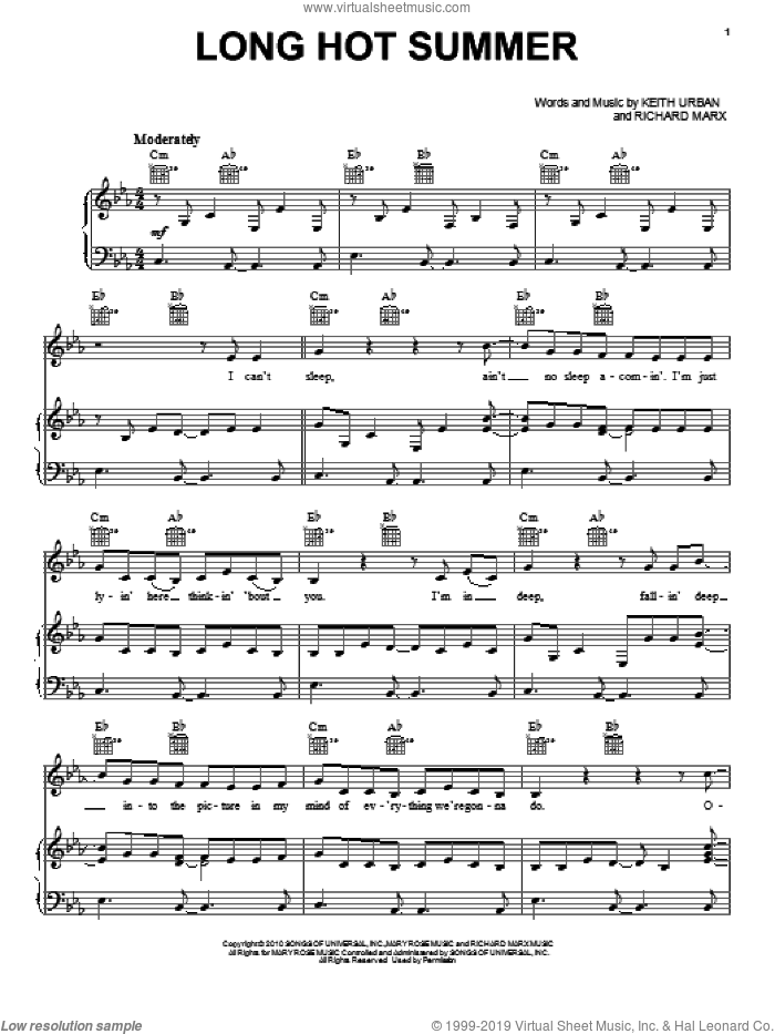 Long Hot Summer sheet music for voice, piano or guitar by Keith Urban and Richard Marx, intermediate skill level
