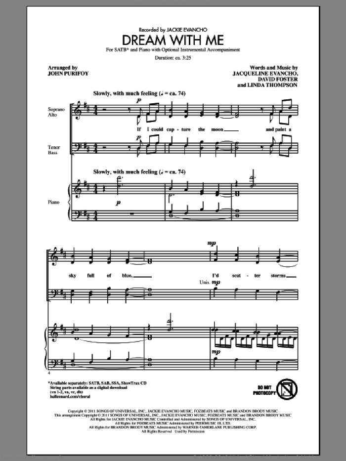 Dream With Me sheet music for choir (SATB: soprano, alto, tenor, bass) by David Foster, Jacqueline Evancho, Linda Thompson, Jackie Evancho and John Purifoy, intermediate skill level