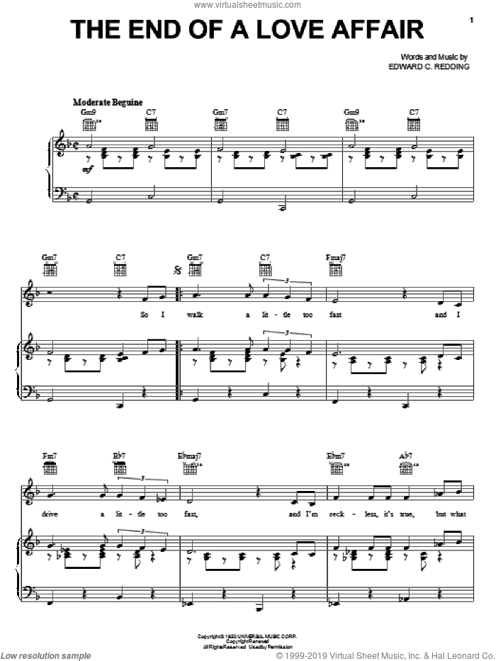 The End Of A Love Affair sheet music for voice, piano or guitar by Frank Sinatra, Nat King Cole and Edward Redding, intermediate skill level