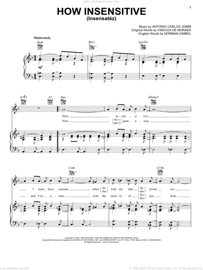 How Insensitive (Insensatez) sheet music for voice, piano or guitar by Antonio Carlos Jobim, Frank Sinatra, Norman Gimbel and Vinicius de Moraes, intermediate skill level