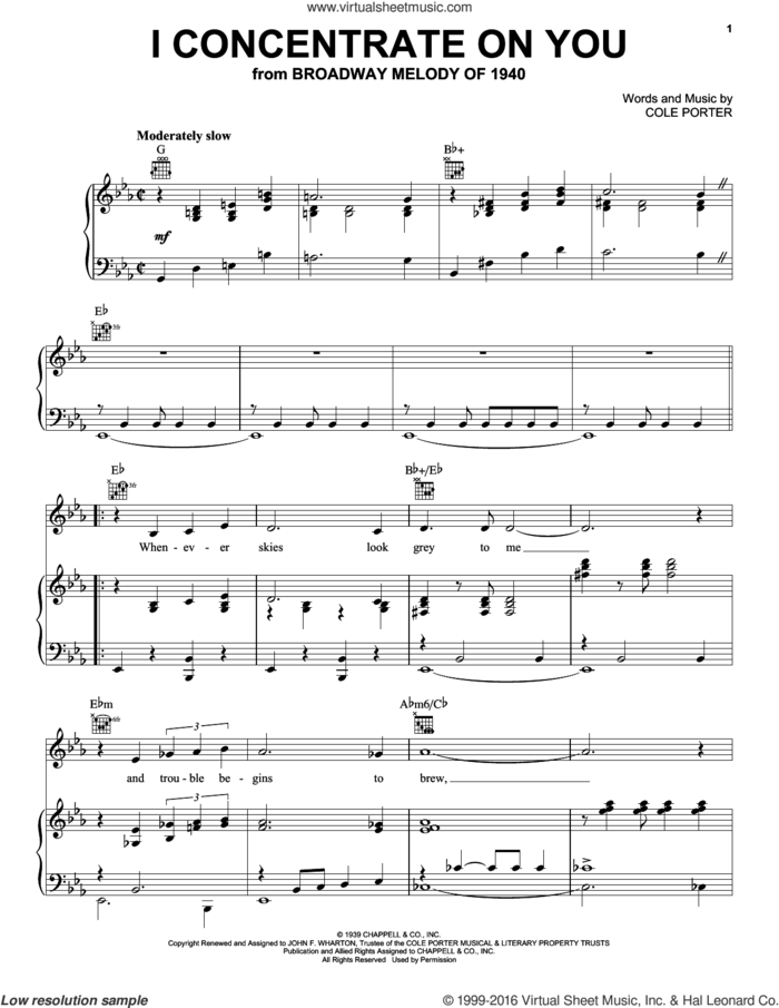 I Concentrate On You sheet music for voice, piano or guitar by Frank Sinatra, Ella Fitzgerald, Judy Garland and Cole Porter, intermediate skill level